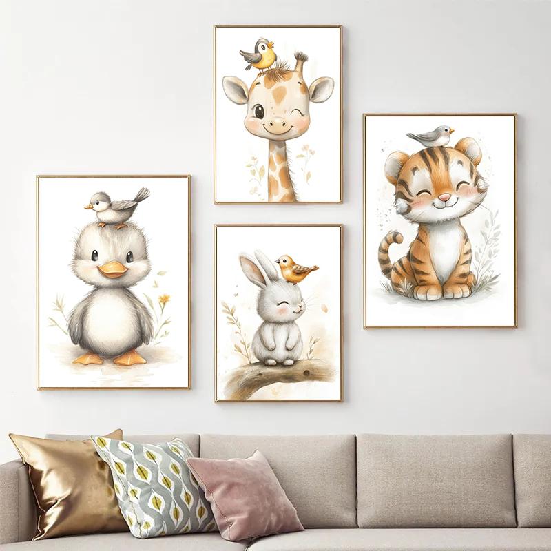 Boho Style Cartoon Animal Illustrations Posters Prints Canvas Painting Wall Art Picture Living Room Home Baby Room Nursery Decor