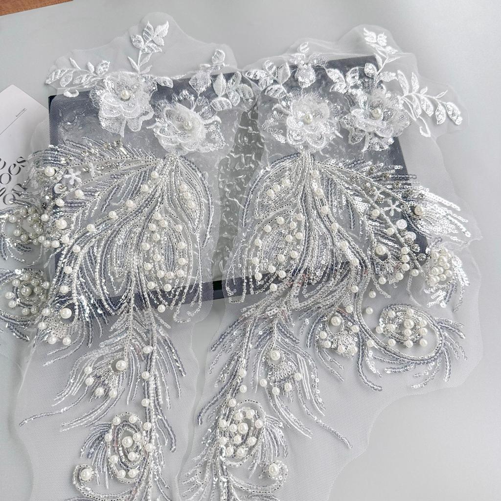 White Mesh Bead Sequined Pair Of Flower Cloth Stickers Clothing Evening Dress Wedding Dress Decoration Bead Cloth Stickers Accessories