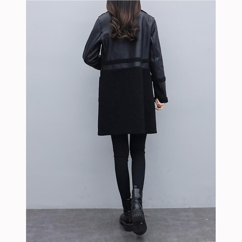 Jachetă de piele groasă de lână, de lungime medie, de toamnă, cu guler cu rever