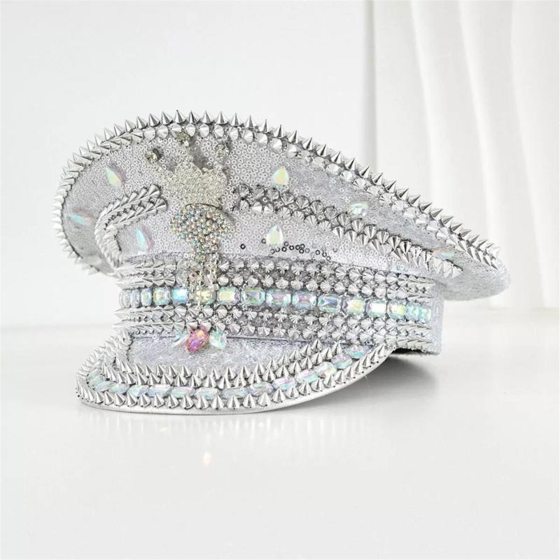 Captain Cap With Sparkling Crystals Sequins Rivet Studdeds For Daily Wear Outdoor Event And Special Occasion Photoshoots
