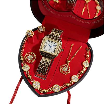 Luxe Two Tone Crystal Studded QUARTZ Women’s Watch Set Romantic Heart Shaped Jewelry Gift Set Elegant Box Included Valentine
