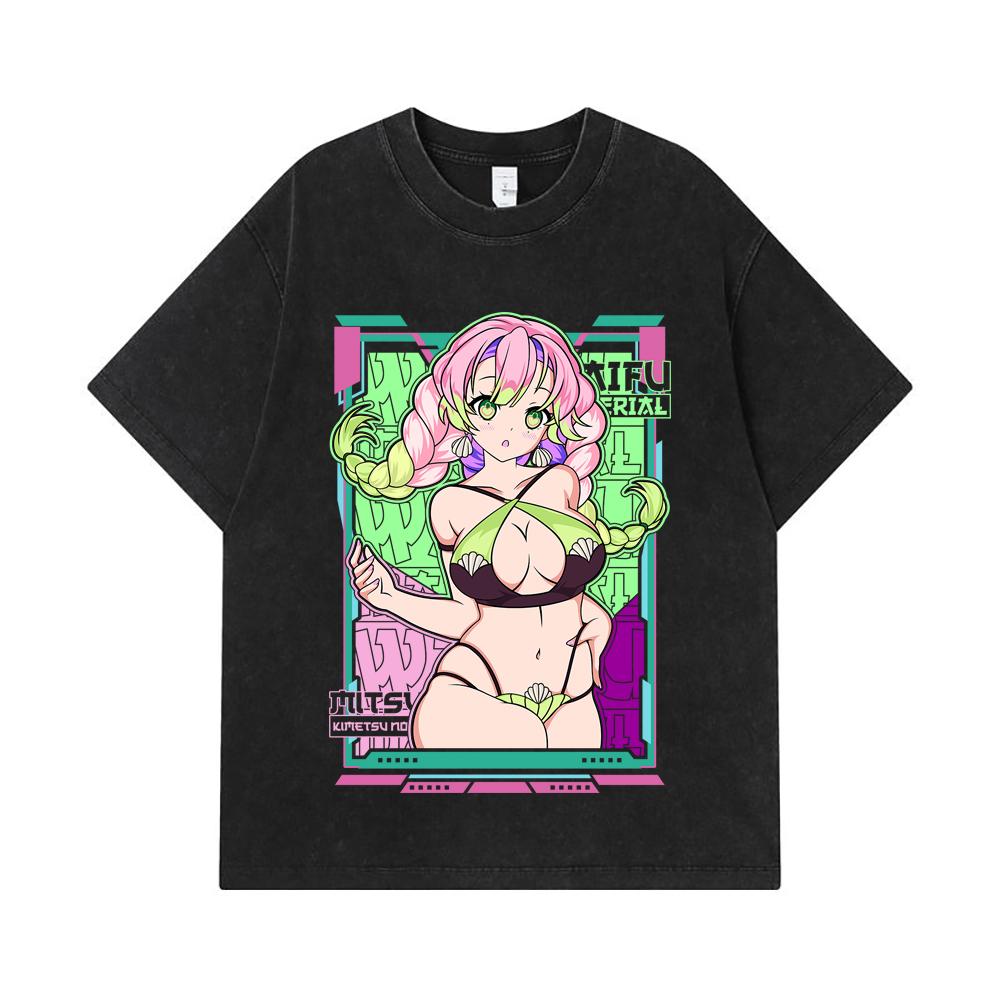 275 GSM Washed T-shirts 100% Cotton Demon Slayer V53 Mitsuri Waifu Print Unisex Heavy Cotton T Shirt