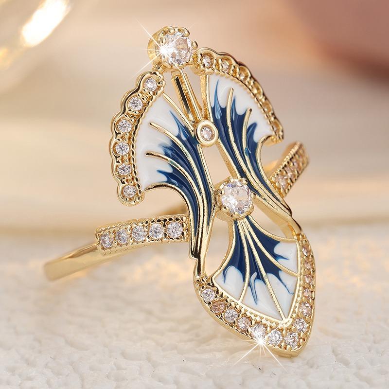 Vintage Inlay Weißer Zirkonia Emaille Damenring Ethnischer Goldfarbener Geometrischer Tägliches Tragen Party Schmuck Jubiläumsgeschenk 10 beige
