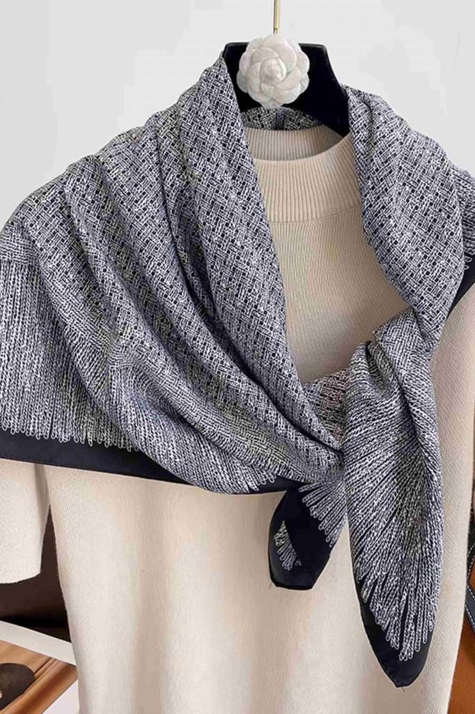 Black Scarf with Feather Pattern 90X90 - Imitation Silk, Classic Elegance and Chic