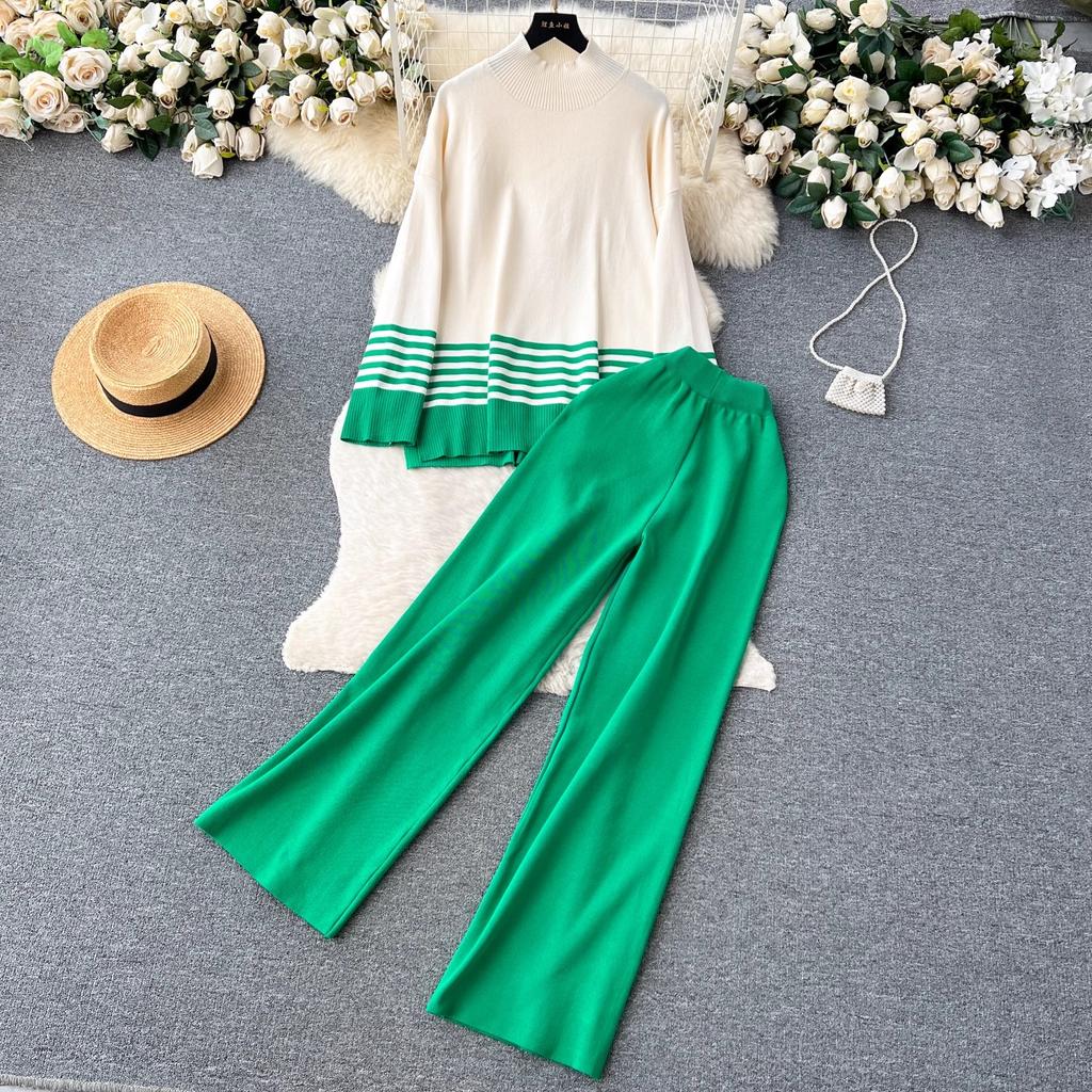 Toamnă Iarnă Femei Grătul cu mâneci lungi Pulover tricotat în dungi Topuri + Pantaloni largi Costume Set două piese Tinute femei