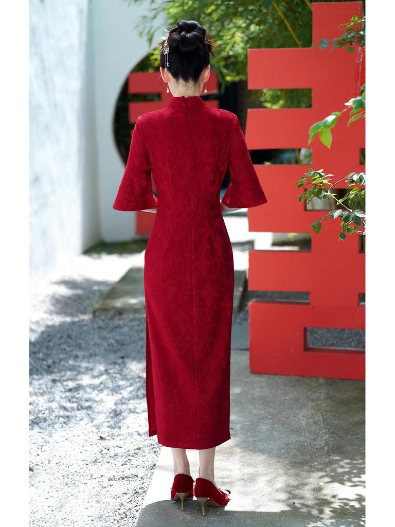 2025 Red Jacquard Lace Qipao: Chinese Style Bridal & Evening Dress for Mother of the Bride