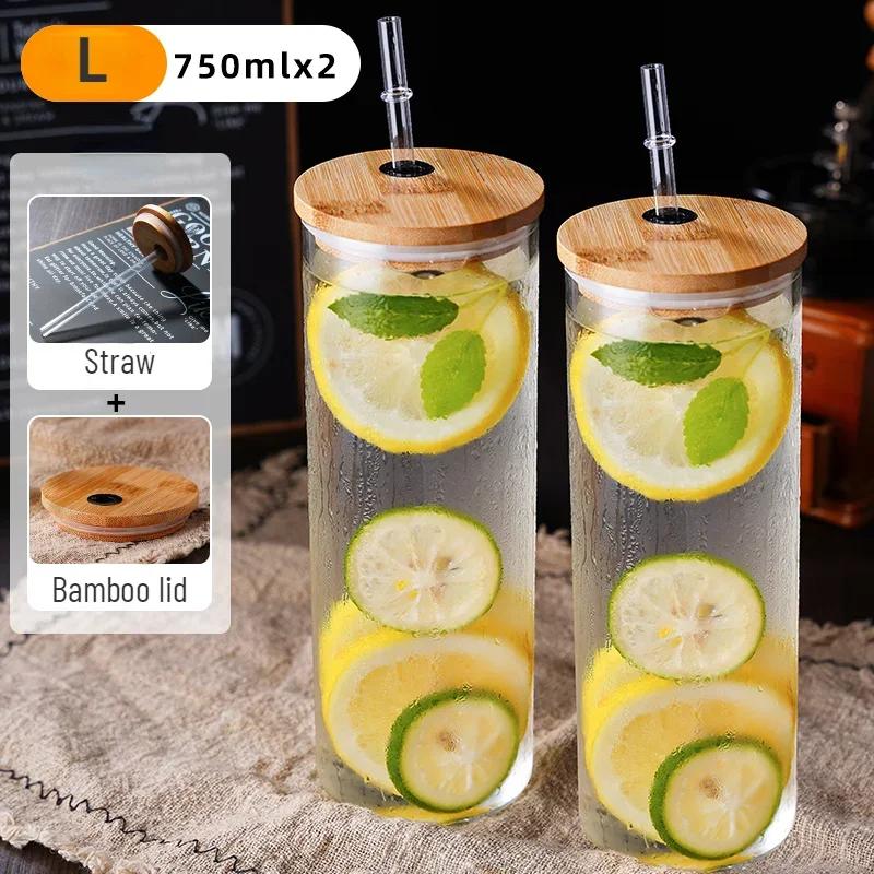Drinking Cup Glasses with Bamboo Lid Juice Glass Straws Beer MugIce Coffee Mugs Cute Glasses Beer Jars Glasses Brush Drinkware