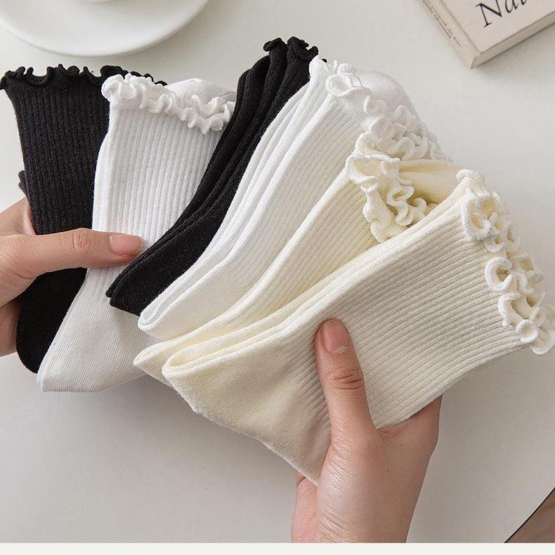 Women's Milk White Lace Ruffled Trim Mid-Calf Socks - Japanese Lolita Style