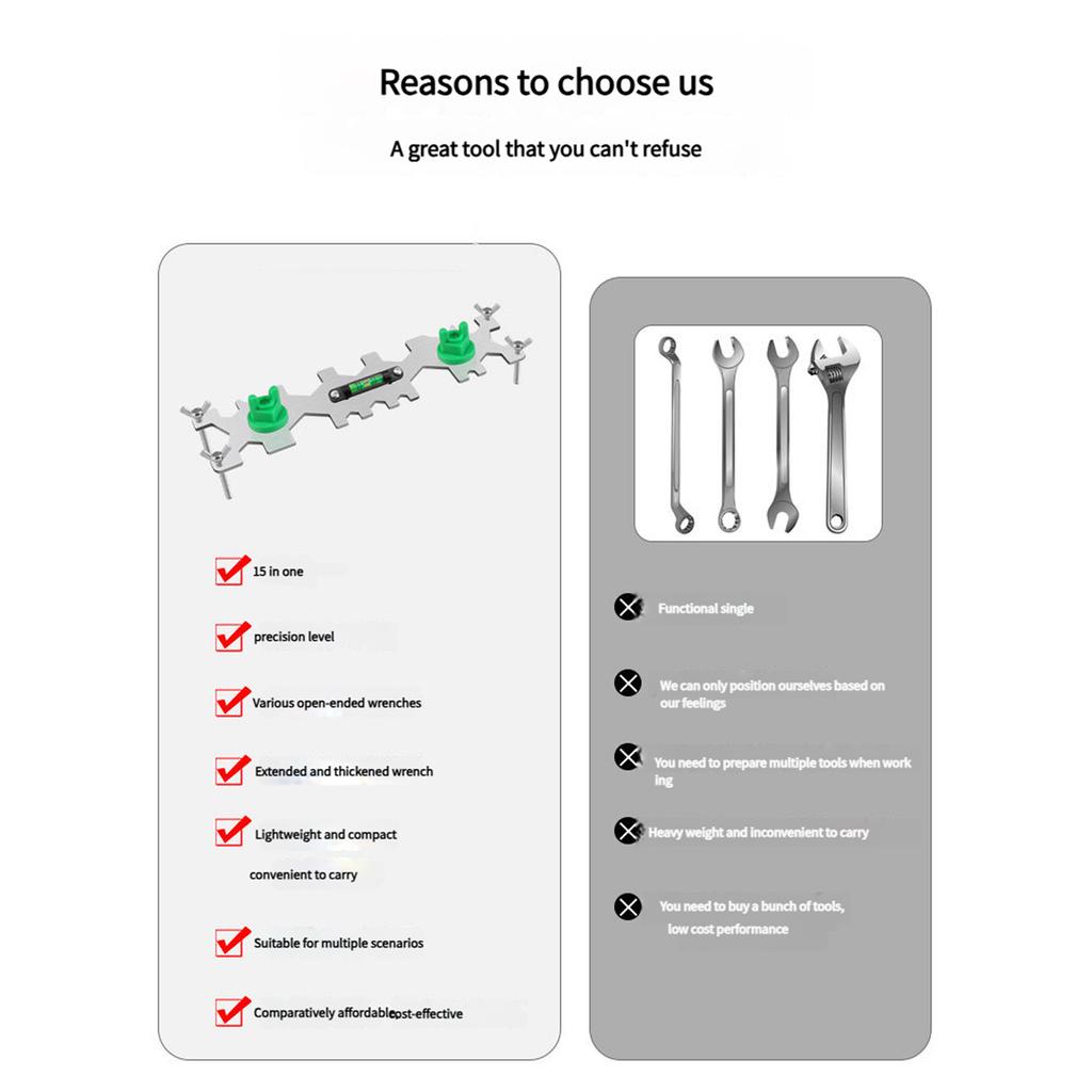 Klucz wielofunkcyjny 15 w 1 z poziomicą, regulowany klucz płaski do instalacji rur łazienkowych, narzędzie do napraw