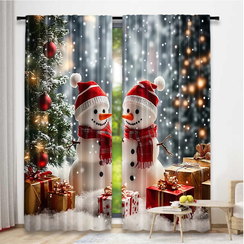 Flat Printing Happy Christmas Scene Curtains Day Snowman Tree Prints Digital Printed Polyester Drapes Set Of 2 Made