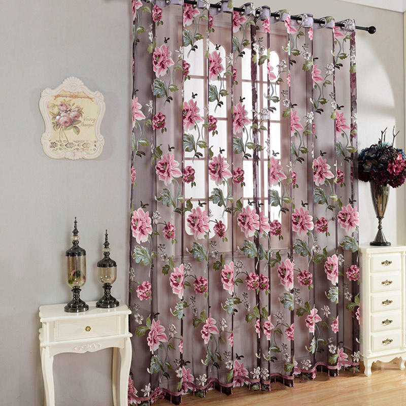 2Pcs Window Curtain Transparent Peony Flower Windows Panel Balcony Living Room Bathroom Bedroom Curtains Home Decoration