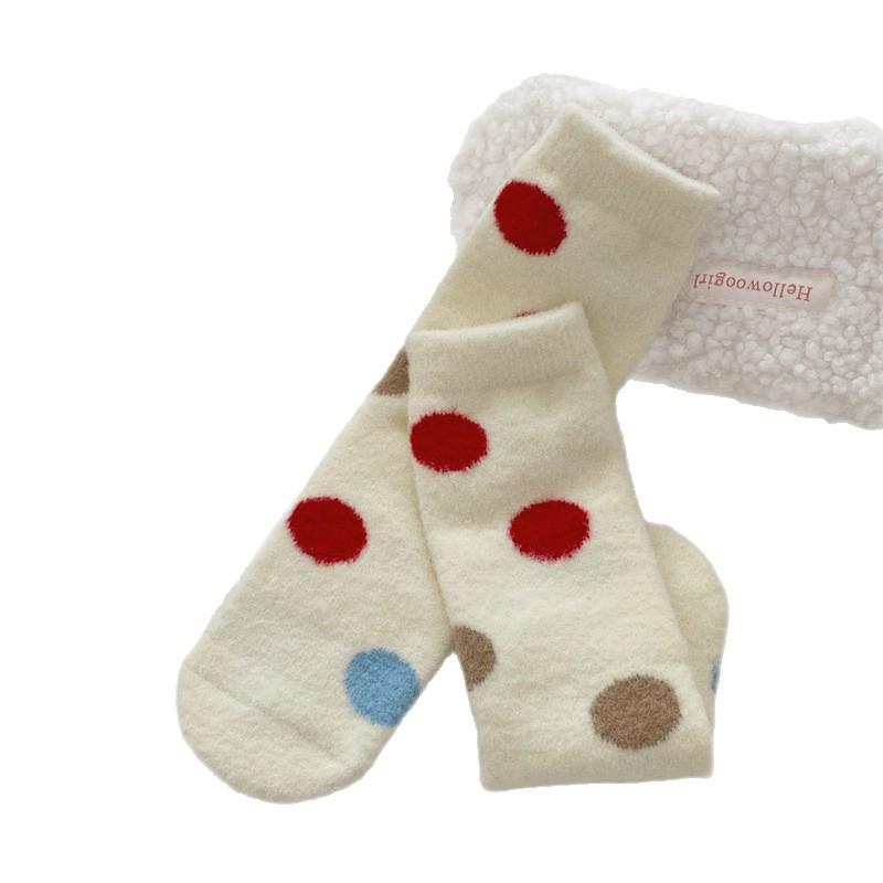 Australian Velvet Warm Autumn and Winter Girls' Pink Postpartum Socks, Bow Mid-calf Floor Socks, Versatile Polka Dot Cartoon Embroidered Socks