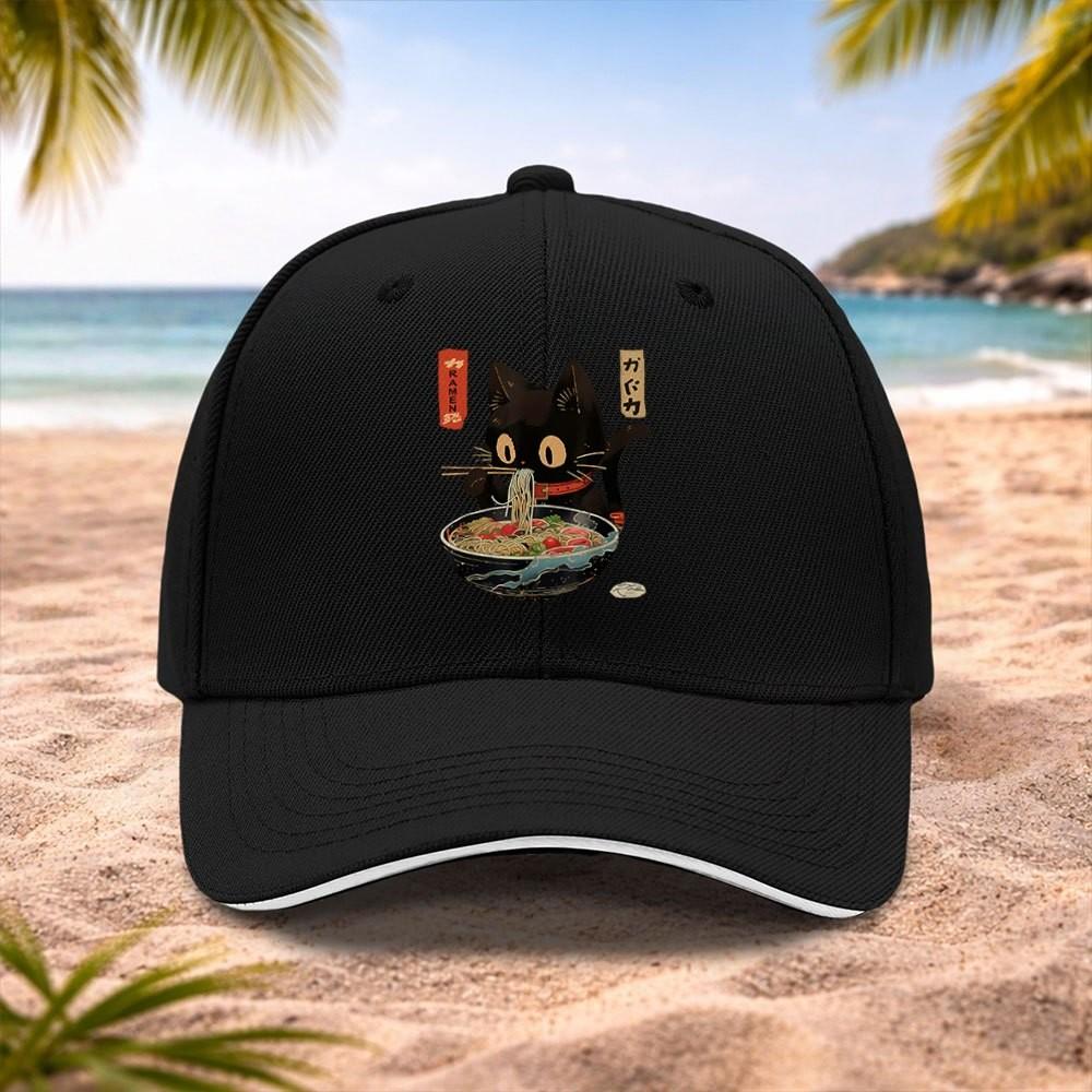 Black Cat Ramen Japanese Graphic Baseball Cap Adjustable Cotton Summer Outdoor Sports Hat