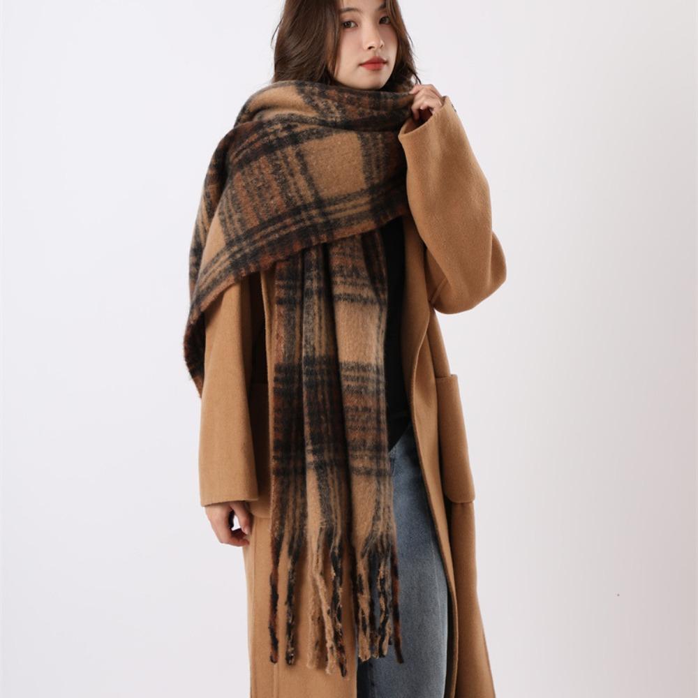 Tassel Plaid Wool Scarf Plush Long Shawl Retro Winter Cashmere Scarves  Autumn Winter