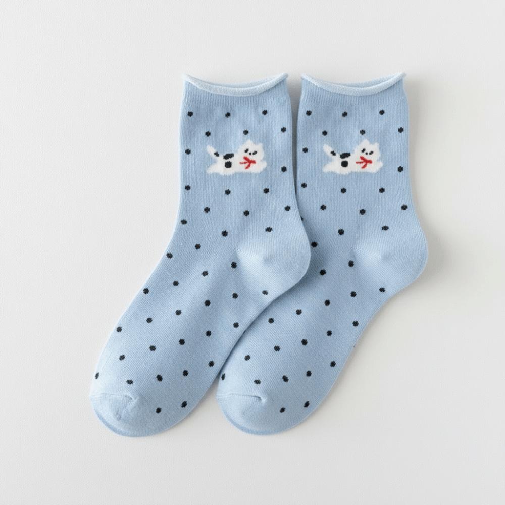 1 Pair Cartoon Dog Cat Printed Polka Dot Socks Japanese Style Middle Tube Socks Kawaii Women Socks синий