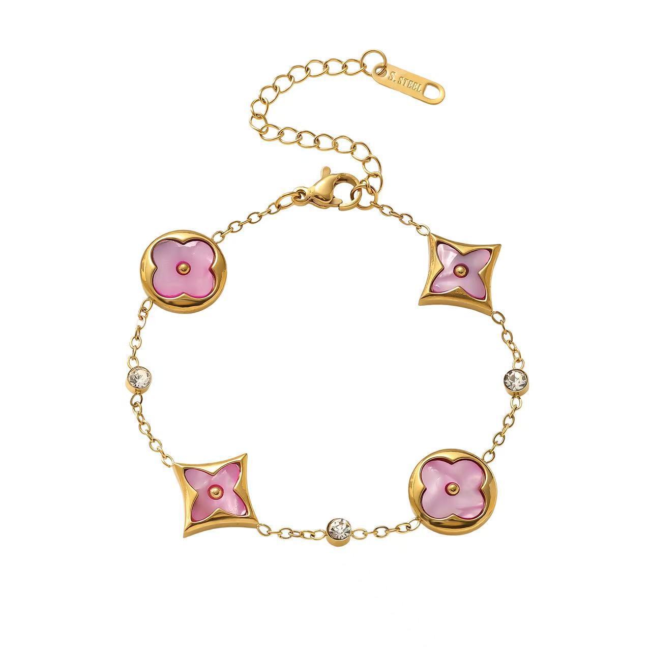 

Универсальный браслет «Четырехлистный клевер», четыре цветка, перламутр, вакуумное покрытие 18К, не тускнеющая бижутерия 18K