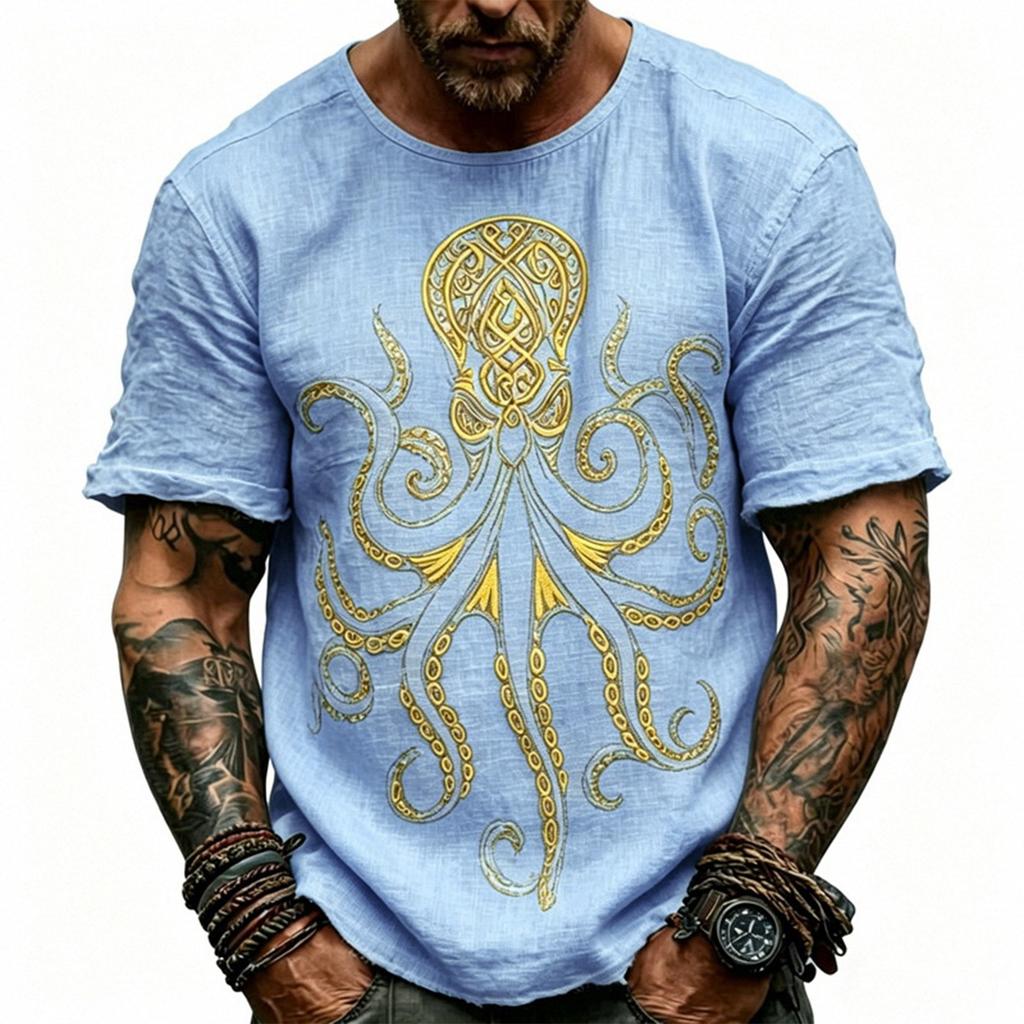 Men's Linen Short Sleeve T Shirt with Print Crew Neck Casual Loose Fit Lightweight Summer Top for Everyday Wear
