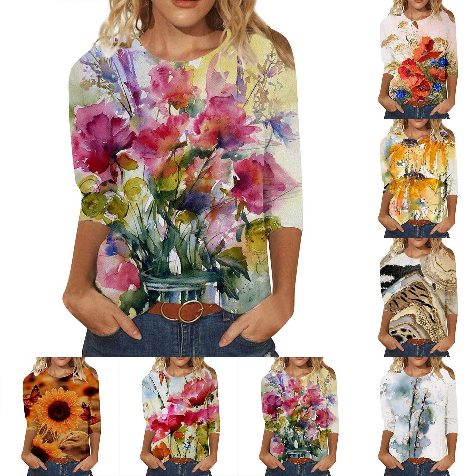 

Женская мода с принтом и круглым вырезом, свободная повседневная футболка с семиточечным рукавом, топ