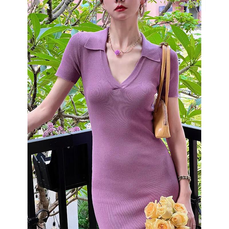 

JK&JS Women s New Chinese Style Polo Collar Knit Slit Dress One Size