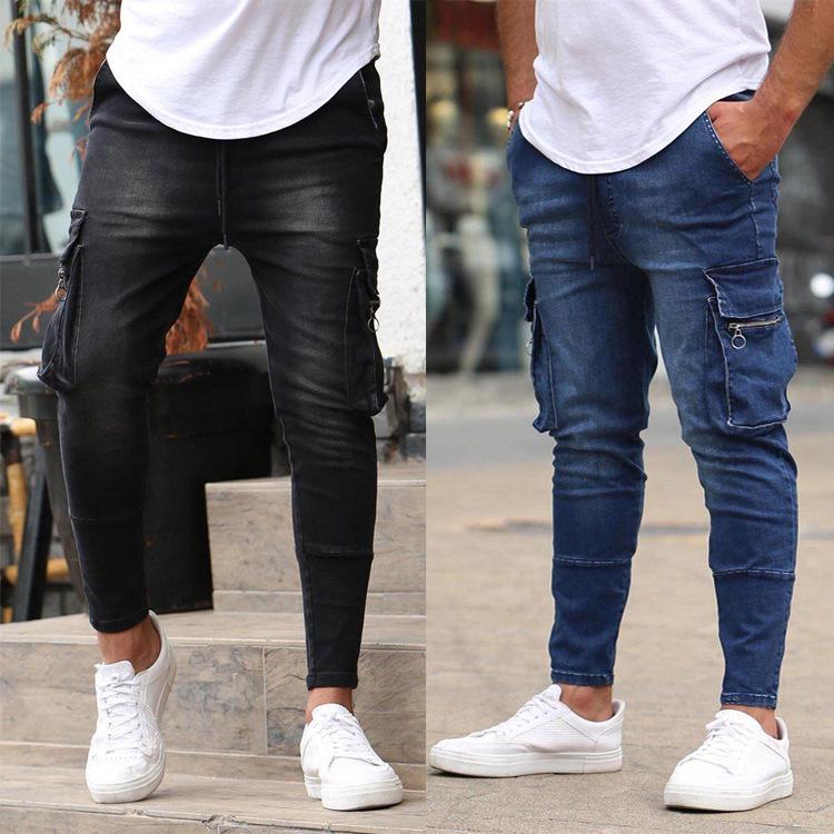 Herren-Jeans mit mehreren Taschen, Stretch, Reißverschluss, Dekoration, Arbeitskleidung, Jeans, Neu
