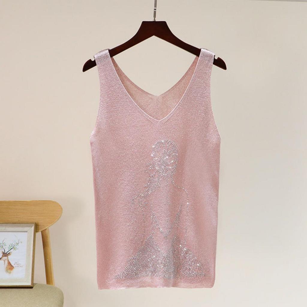 2023 Shiny Silk Sleeveless V-Neck Women's Vest - Spring/Summer New Style, Loose Fit with Hot Diamond Sling Knitted Design