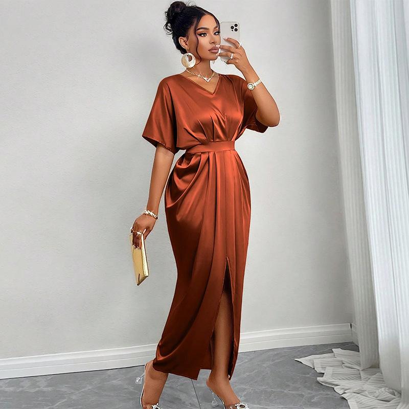 Women'S Summer New Elegant V-Neck Short-Sleeve High-Waisted One-Piece Slit Dress Long