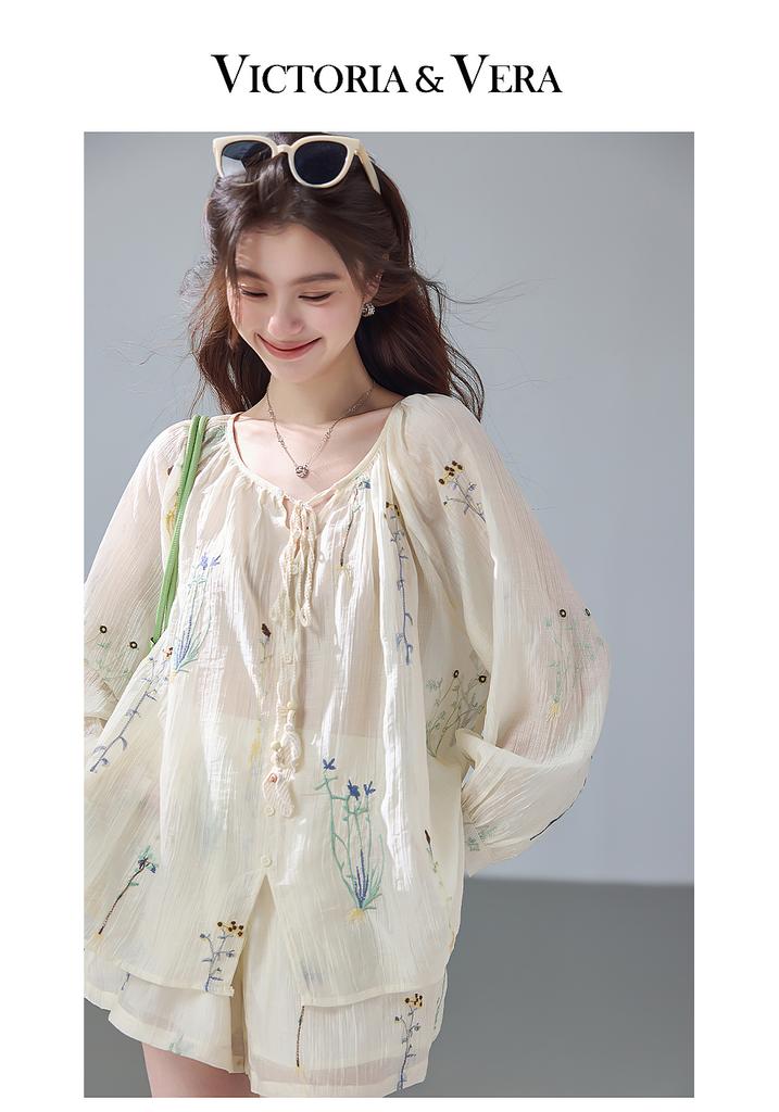 French Vacation Style Lyocell Sun Protection Embroidered Long-Sleeved Shirt and Elastic Waist Lined Shorts Two-Piece Set for Summer