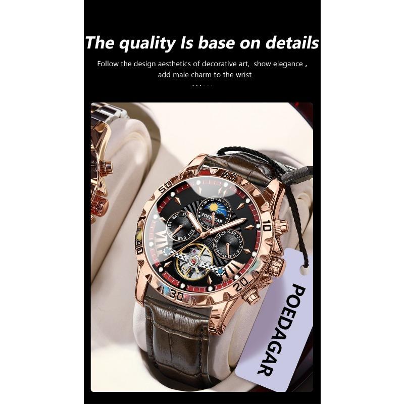 POEDAGAR Luxury Automatic Wristwatch Waterproof Luminous Date Week Leather Men Watch Tourbillon Mechanical Fashion Watches