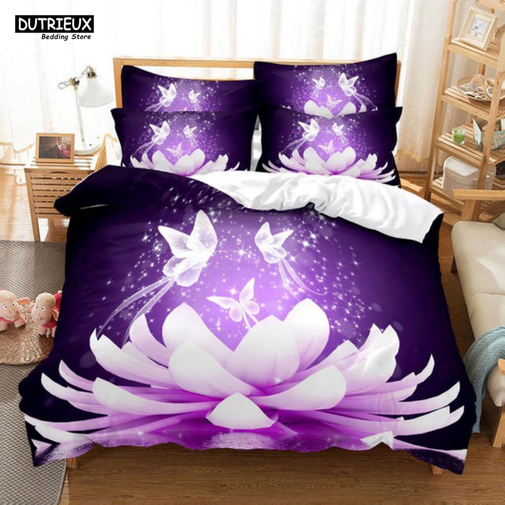 Purple Flower Bedding Set Butterfly Bed Linen Double Queen King Twin Full Women Girls Romantic Lavender Duvet Cover Pillowcase