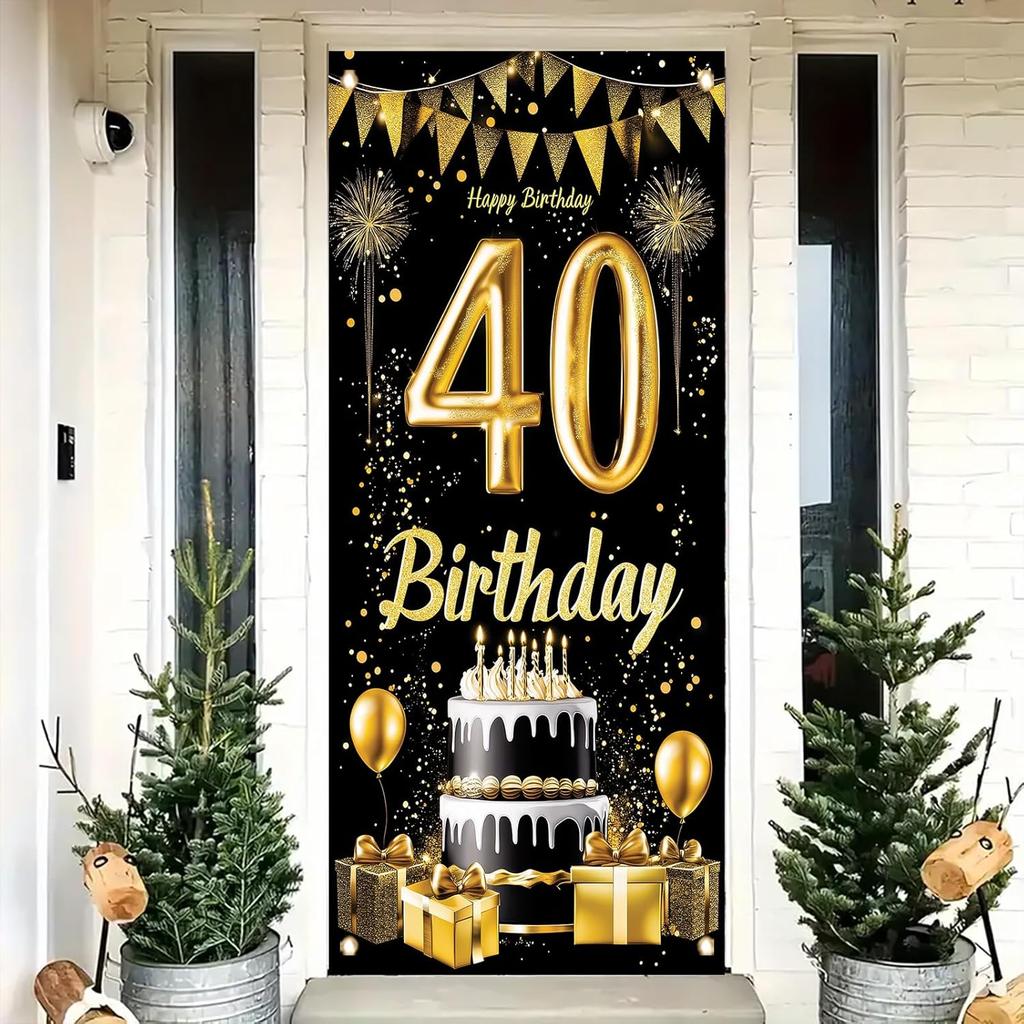 18th Birthday Door Cover Decoration 71 x 35 Inch Black and Gold Cake Banner with Balloons and Gifts for Eighteenth Birthday Party Supplies Happy 18
