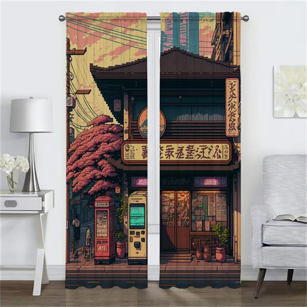 Cities Pixel Art Curtains Child Room Partition Blackout Curtain for Room 2 Panel Home Interior Curtains Shades Living Kitchen