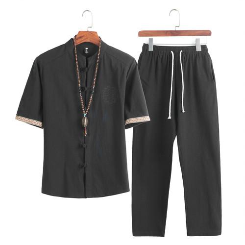 Mens Linen Sets Summer Men Streetwear Jogger Shirts+Long Pants Male Chinese Style 2 Pieces Hanfu Tracksuit Tang Suit