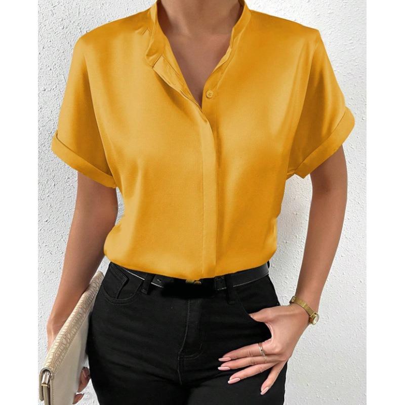 Sommer Satin Kurzarm Frauen Hemd Stehkragen Lose Beiläufige Büro Bluse Damen Einfache 2025 Neue Einfarbig Tops kleidung 3426