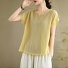 Womens Linen Cotton Solid Yellow Blouse Casual Batwing Sleeve Loose Top