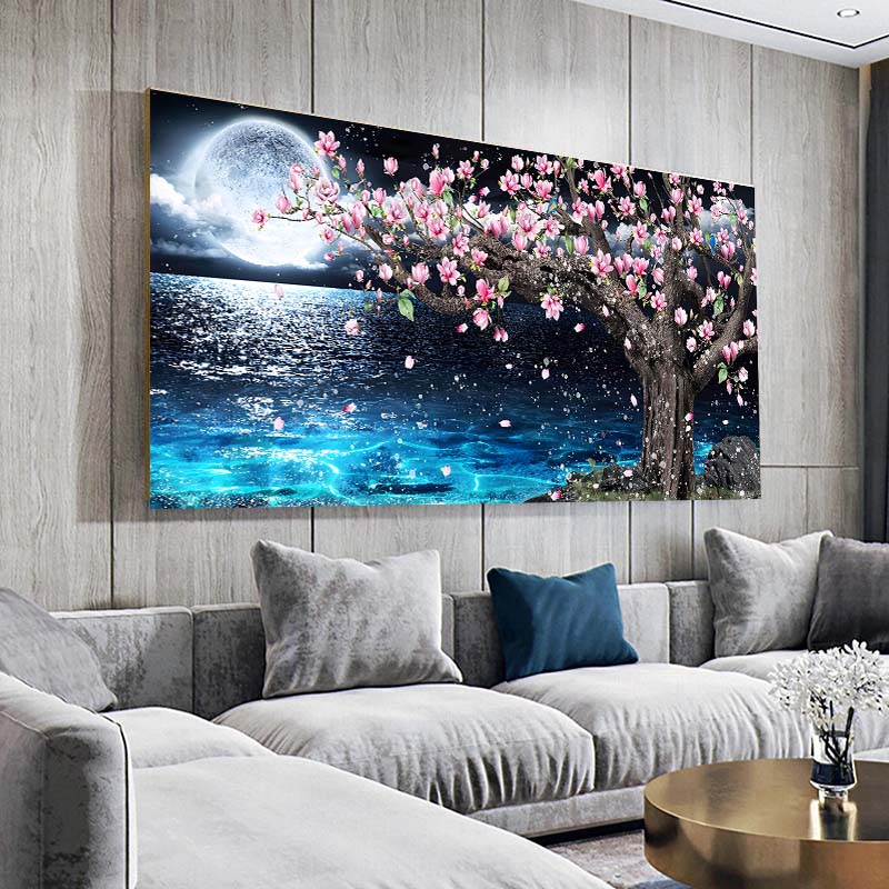 Moon Night Canvas Painting Landscape Poster and Prints Seaside Scenery Wall Art Pictures for Living Room Home Decoration Cuadros Frameless