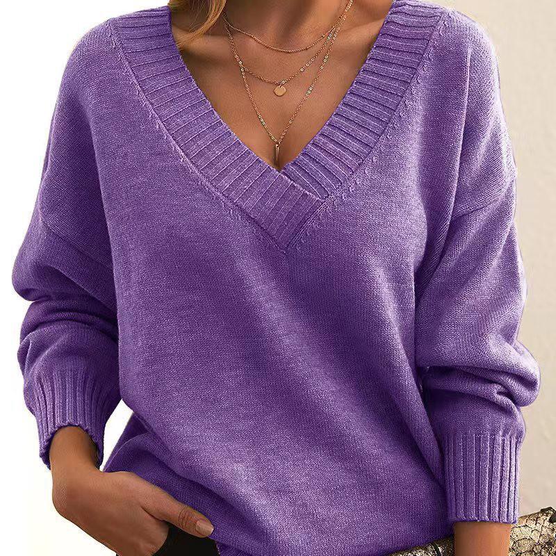Womens Loose V-Neck Knit Sweater Pullover Casual Long Sleeve Acrylic Top