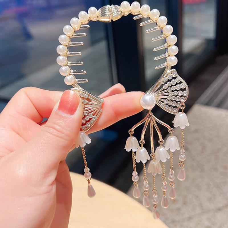 Retro Bell Orchid Flower Hair Clip Women Bowknot Tassel Hair Claw Girls Elegant