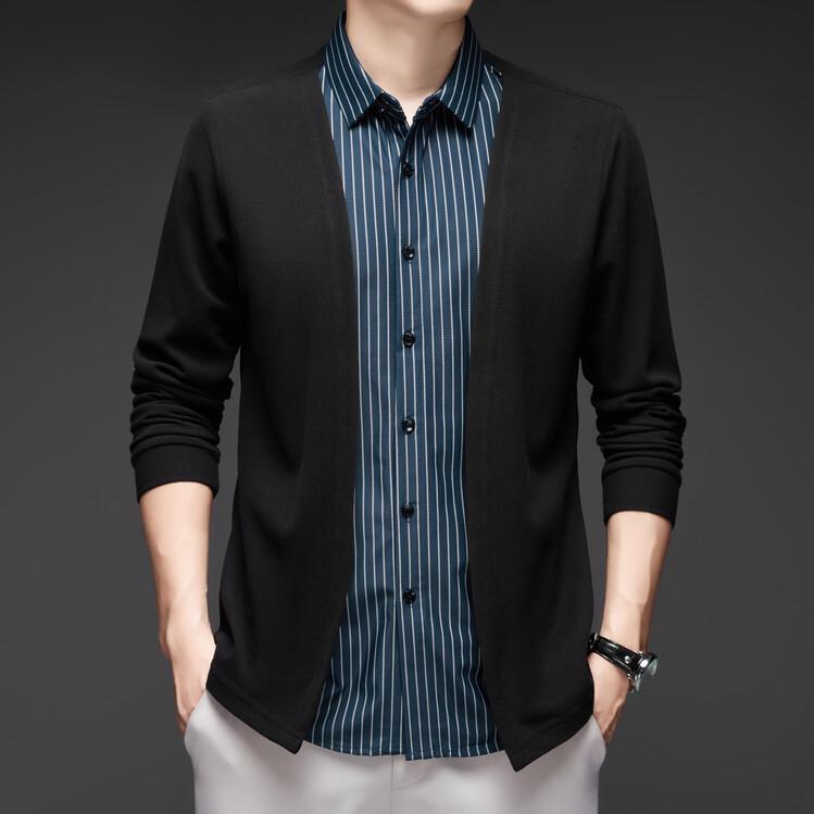 Wool Mulberry Silk Business Casual Fake Two-Piece Knit Shirt Shirt Collar, Long-Sleeve Middle-Aged Jacket, Knit Cardigan