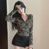 Camouflage Back Strap Long-Sleeve Slim Zipper Top - Autumn Women's Sexy Design
