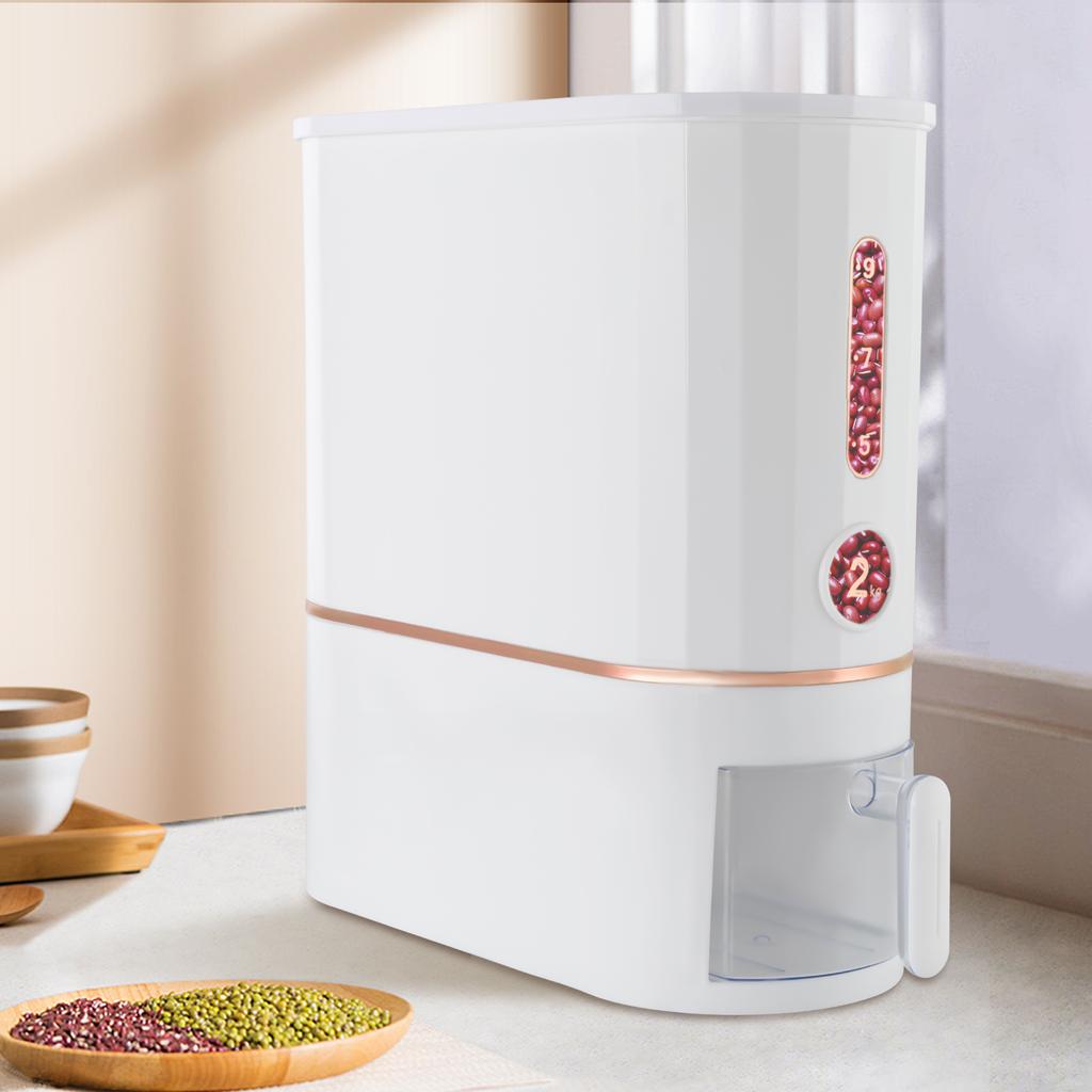 10KG Large Rice Dispenser with Measuring Cup, White Dry Food Storage Container for Kitchen, Pantry Organization, Flour, Cereal
