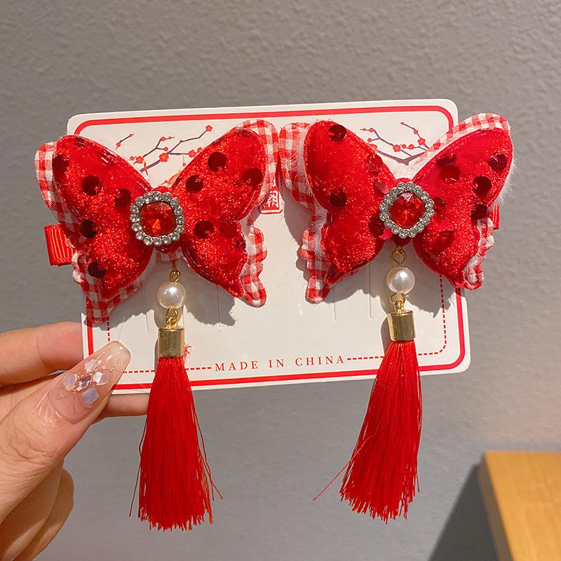 2024 Autumn/Winter Children's Red Hair Clips – Chinese Hanfu Style for New Year
