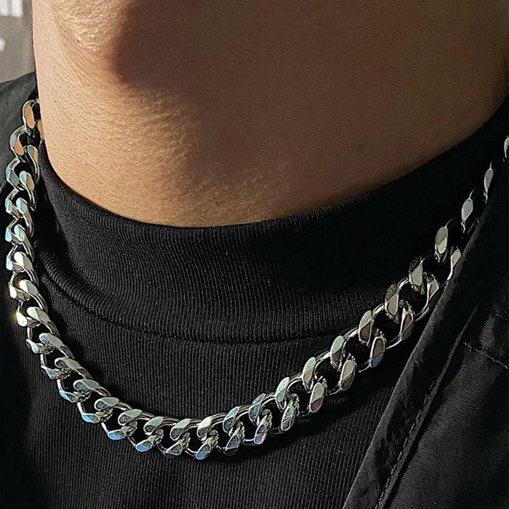 Men's Hip Hop Chunky Cuban Chain Necklace - Polished Titanium Steel, Six-Sided Design, European & American Style.