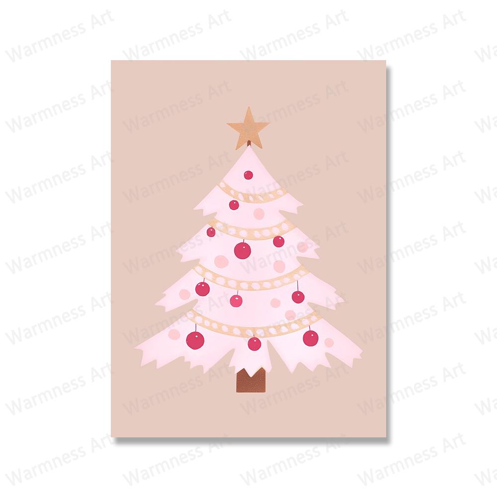 Pink Christmas Tree Snowman House Posters Canvas Painting Wall Art Pictures Winter Holiday Prints for Home Farmhouse Decoration