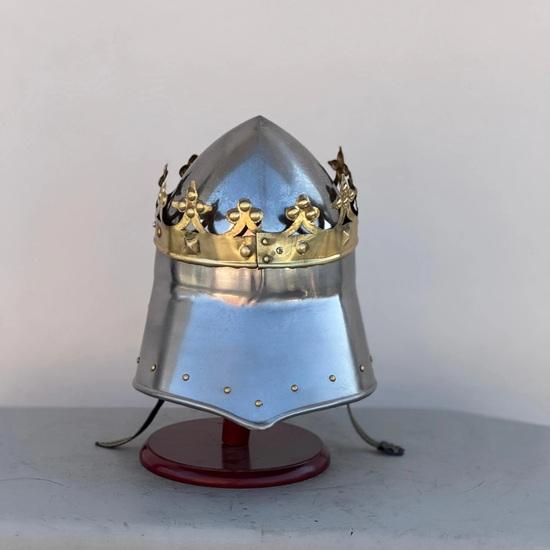 Handmade Steel King Helmet with Brass Crown, Display Stand Included Home Decor