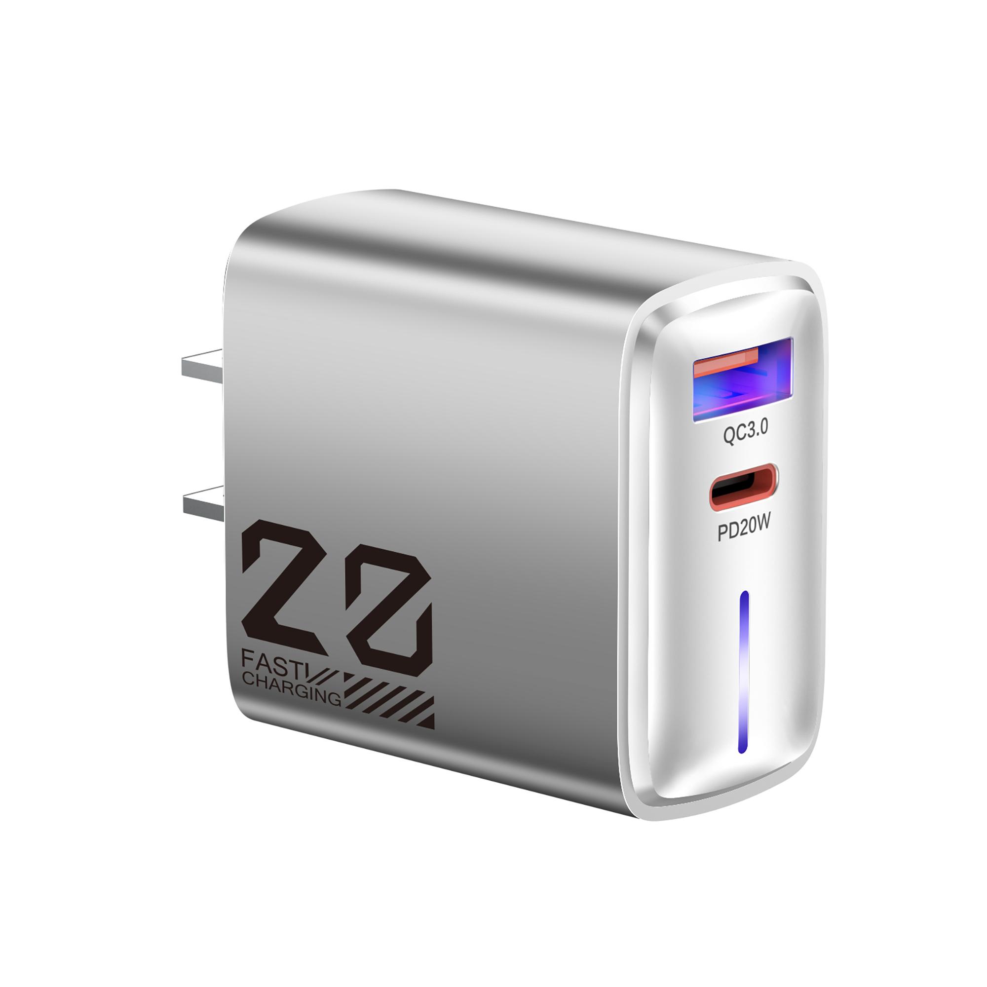 

20 Вт PD Быстрая зарядка USB Type C Зарядное устройство Быстрая зарядка QC3.0 Настенный адаптер для телефона для iPhone 15 14 13 12 11 Xiaomi USB C Зарядное устройство US Plug Silver