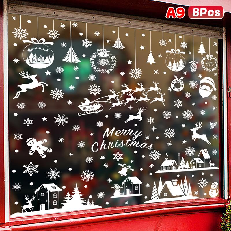 Weihnachtsfensteraufkleber Blauer Elch Statische Aufkleber Schneemann Schneeflocke Wandaufkleber Abziehbilder Frohe Weihnachten Feiertagsparty Aufkleber