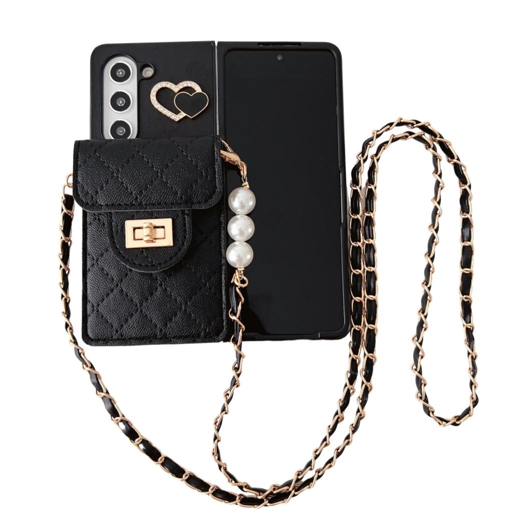 Applicable to Samsung Zfold7 mobile phone case zfold4 protective case, love rhombus folding screen card bag, pearl oblique span women