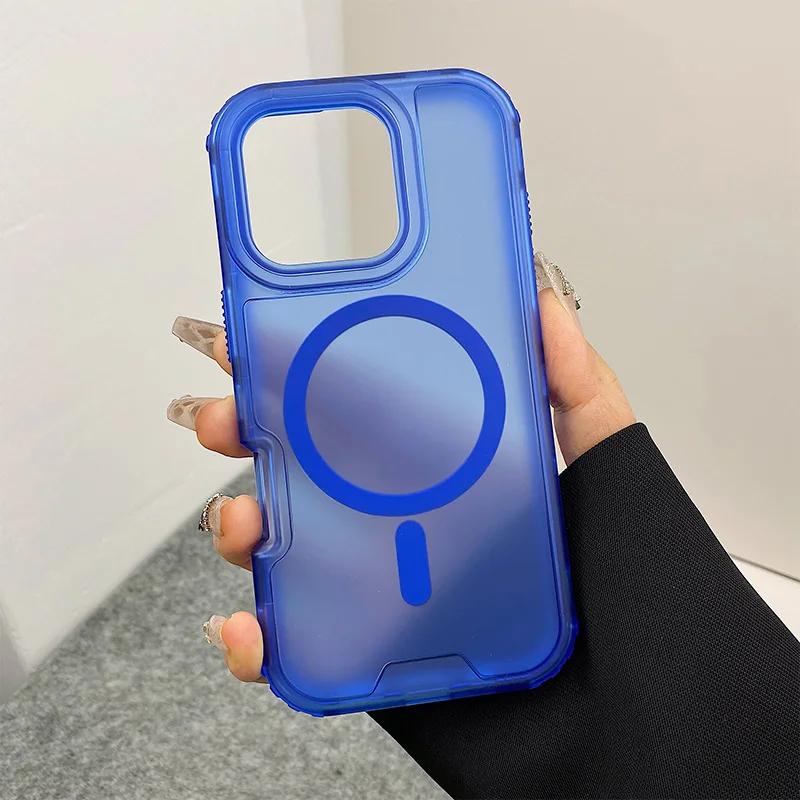

Неоновий кольоровий бампер протиударний чохол MagSafe Phone Case для iPhone 16 16pro max 14 15 Pro 13 11 12 Бездротова зарядка Матовий броньований чохол For iPhone 15 Pro синій