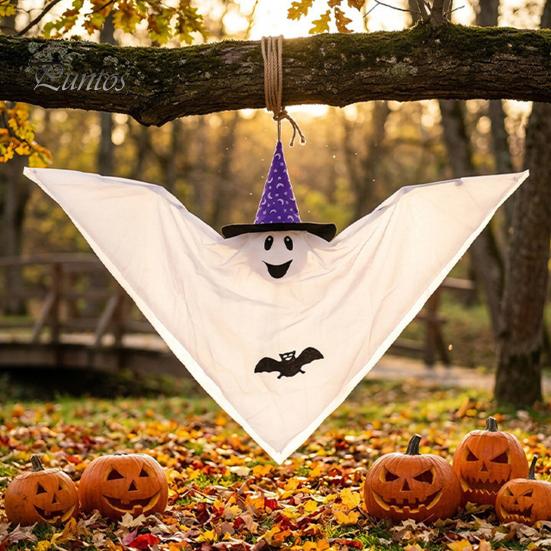 Courtyard Porch Ghost Ornament Halloween Hanging Decoration, Cute Flying White with Witch Hat Outdoor Friendly And Bat Pattern for Indoor Yard