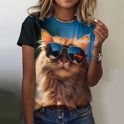 Rolig katttryck Mode Dam T-shirts Sommar Casual O-ringning Korta Ärmar T-shirt Mode Damkläder Lös Pullover Toppar